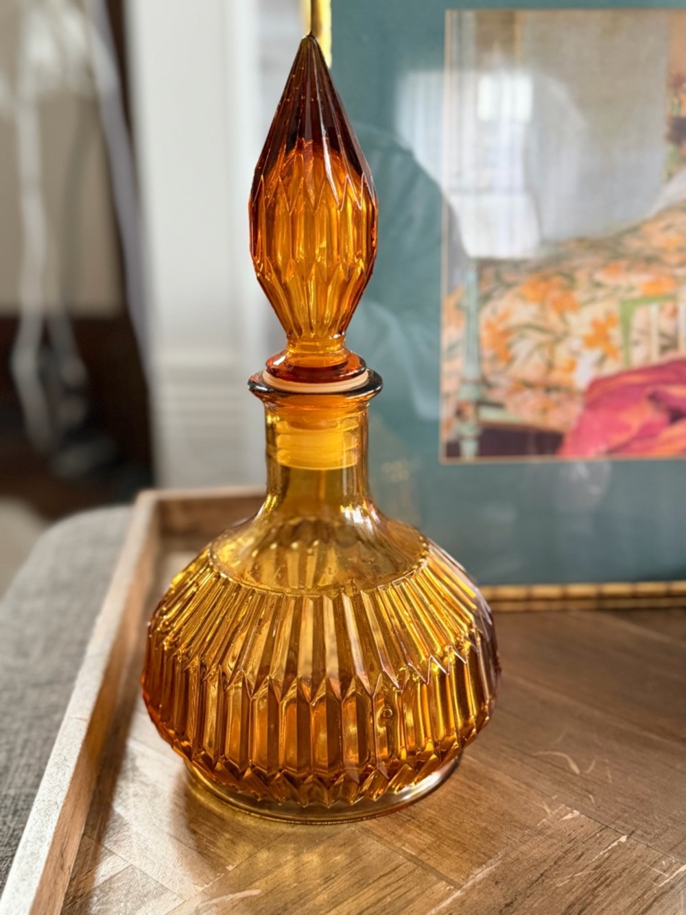 Vintage Empoli Amber Ribbed Glass Genie Bottle with Stopper